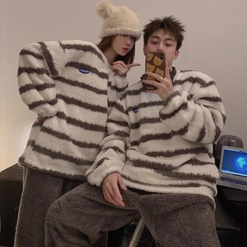 Coral Fleece Couple Pajamas for Women in Winter Thick and Warm Simple Striped Korean Version Flannel Home Clothes 2 Piece Sets