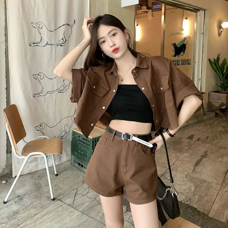 Retro Denim Fashion Set for Women's Summer 2024 New Korean Style Shorts with a Sense of Luxury and Age Reduction Two-piece Set