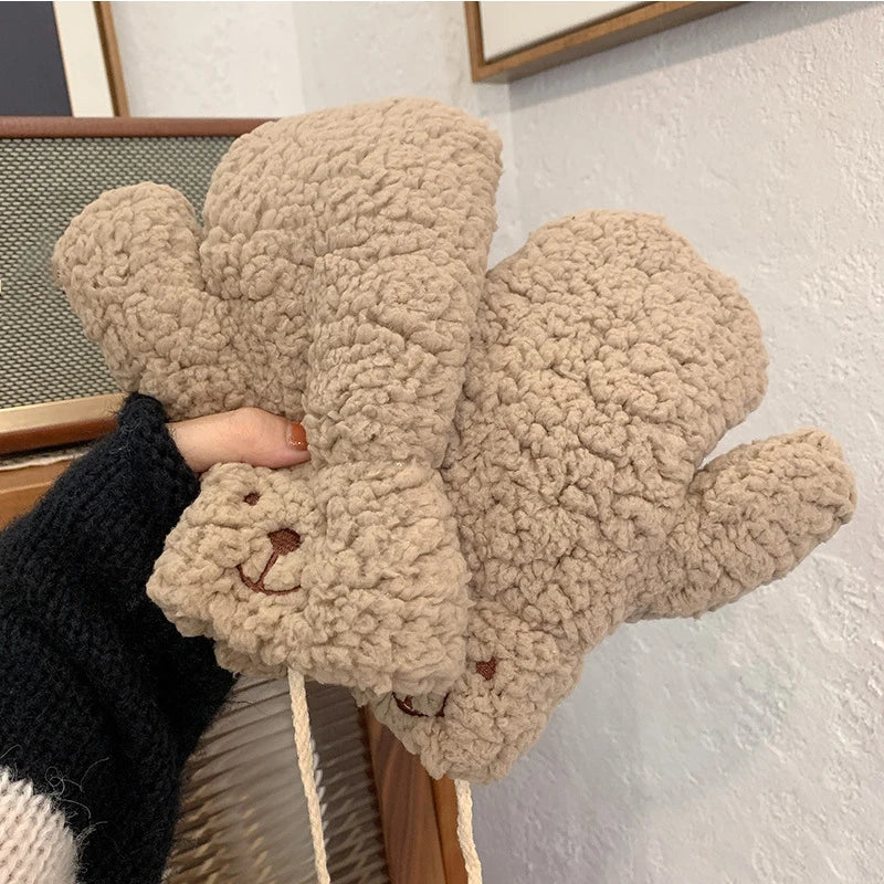 Kawaii Plush Warm Gloves Soft Winter Thick Fingerless Korean Japanese Bear Gloves With Ropes Casual Outdoor Riding Mittens Warm