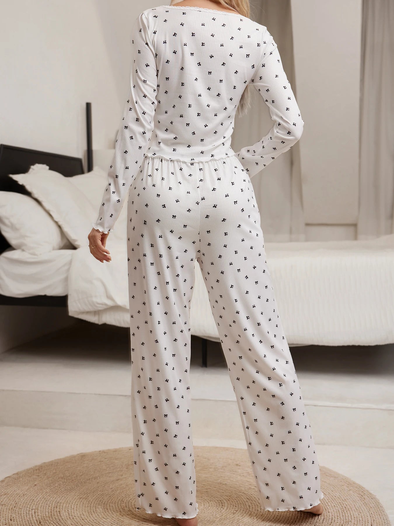 Sleepwear Suit Cute Bowknot Print  Lettuce Trim Top with Long Pant Lovely Loungewear Full Sleeve Nightwear Autumn Pajamas Set