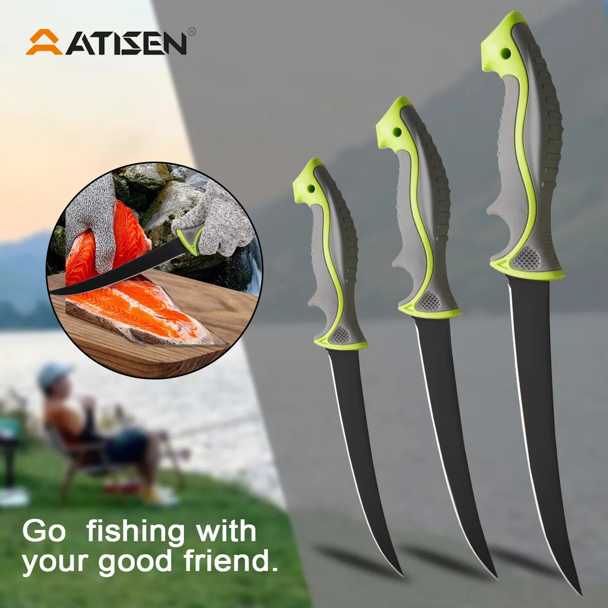 ATISEN 8PC Seahorse Styled Fishing Horn Knife Set, Fishing Tool with Protective Sheath Filleting Knife, Cut Resistant Gloves, Cleaning Sponge, Fishing Line Cutter and Stretch Cord Anti Loss Device, Perfect Gift for Men