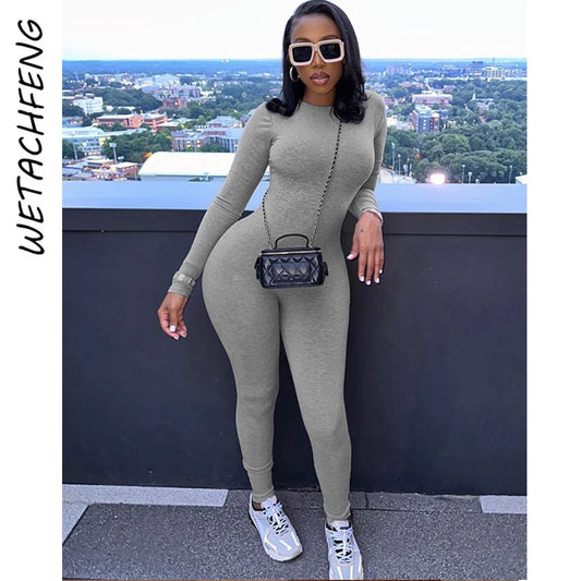 Sexy Bodycon Women's Jumpsuits Long Sleev Knitted Gray Sports One Piece Outfits Playsuits Clothes 2024 Streetwear Gym Overalls