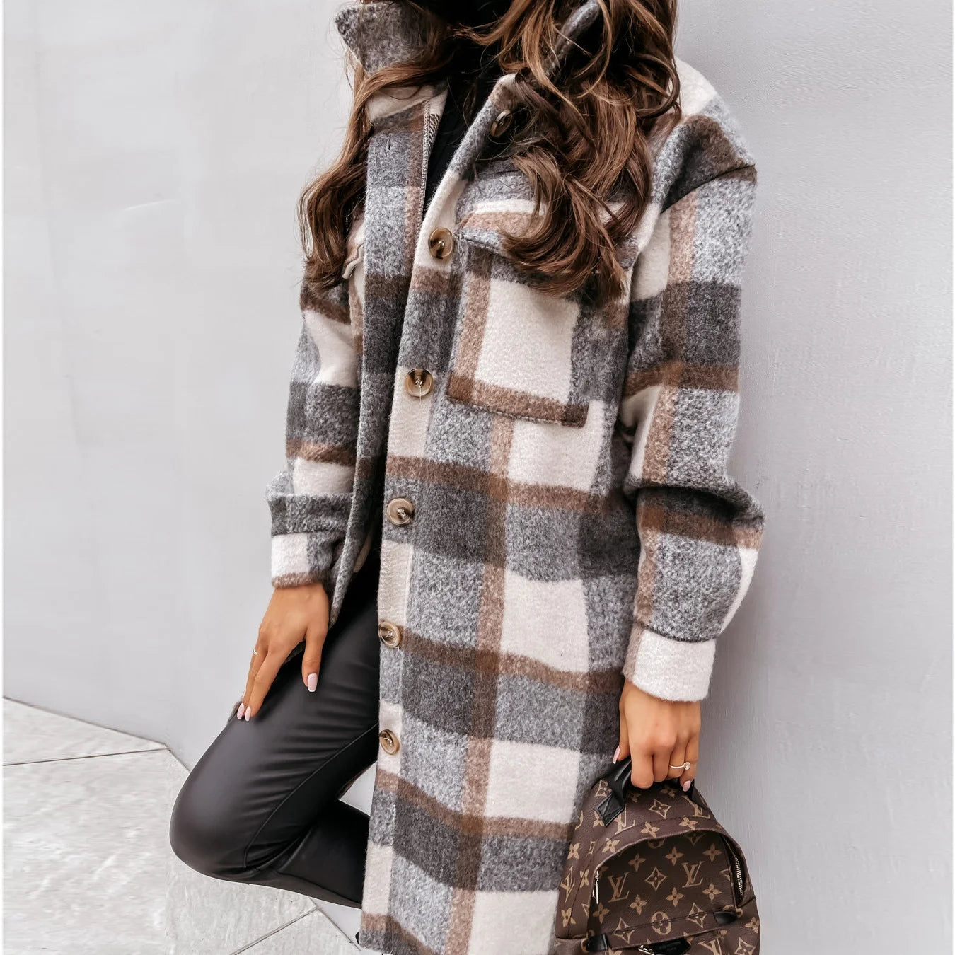 Women Plaid Printed Warm Jacket 2021 Autumn Winter New Fashion Casual Long Overcoat Pop Lapel Lady Single Breasted Shirt Coats