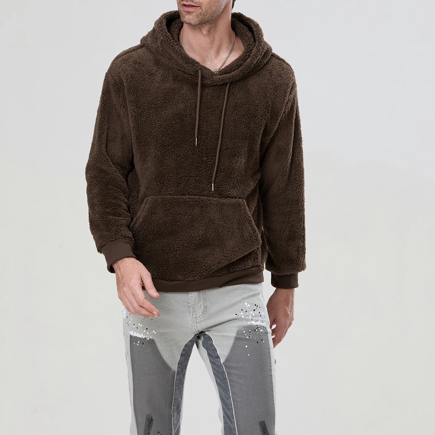 Men's Sherpa Hoodie Fuzzy Pullover Casual Long Sleeve Kangaroo Pocket Hoodie Autumn Winter Warm Hooded Sweatshirt