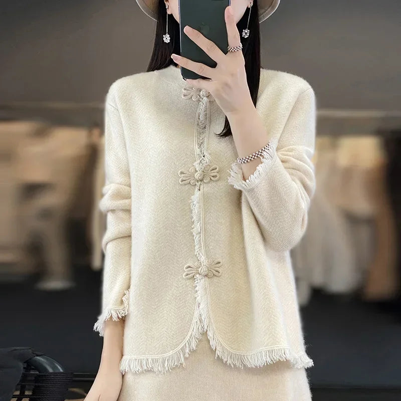 Tailor Sheep Pure Merino Wool Knitted Women's Cardigan Standing Neck Sweater Autumn and Winter Long Sleeved Coat