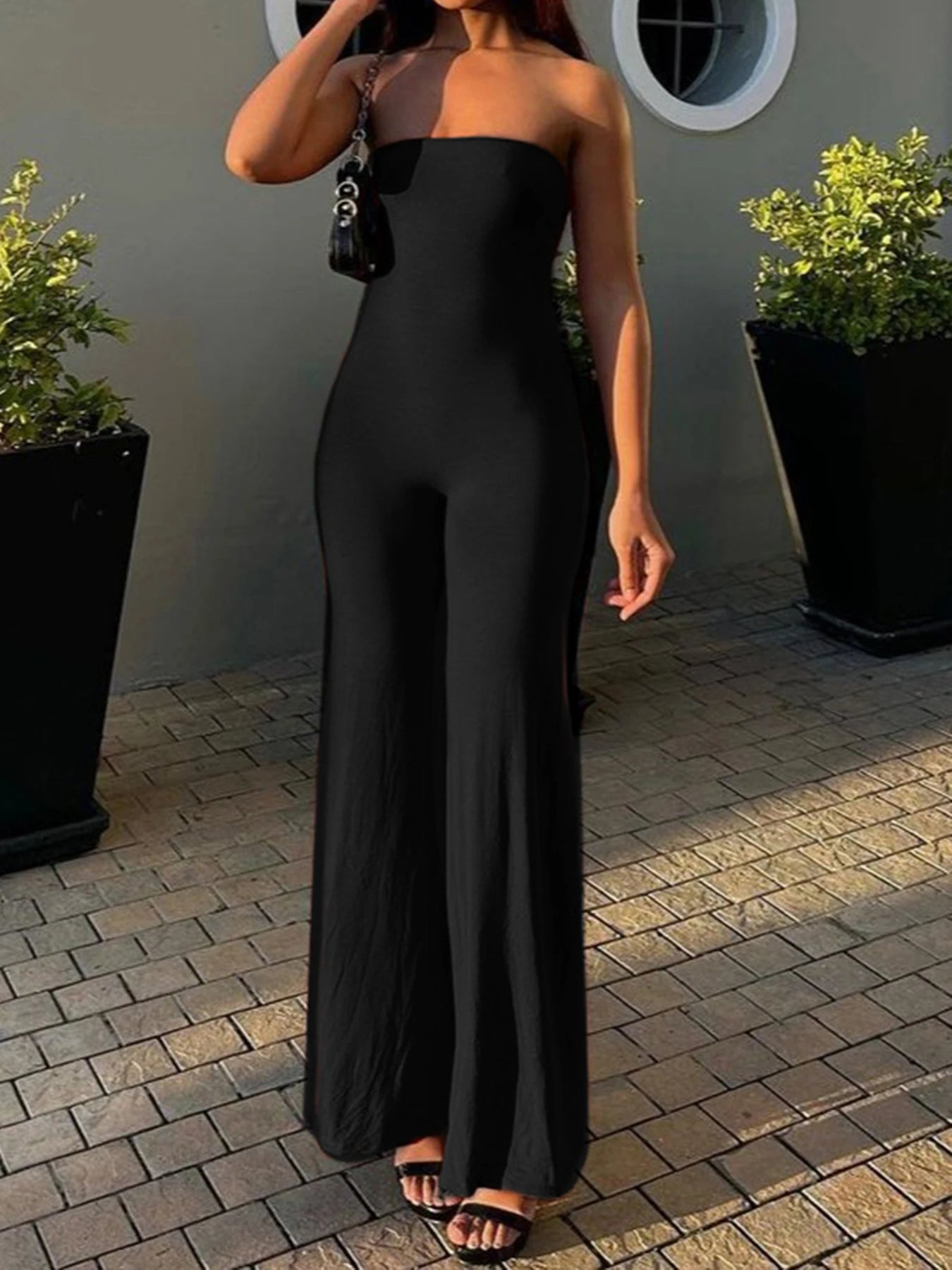 Sweetown Black Solid Strapless Elegant Long Jumpsuits For Women Slim Wide Leg Flared Rompers Simple Fashion Vacation Overalls