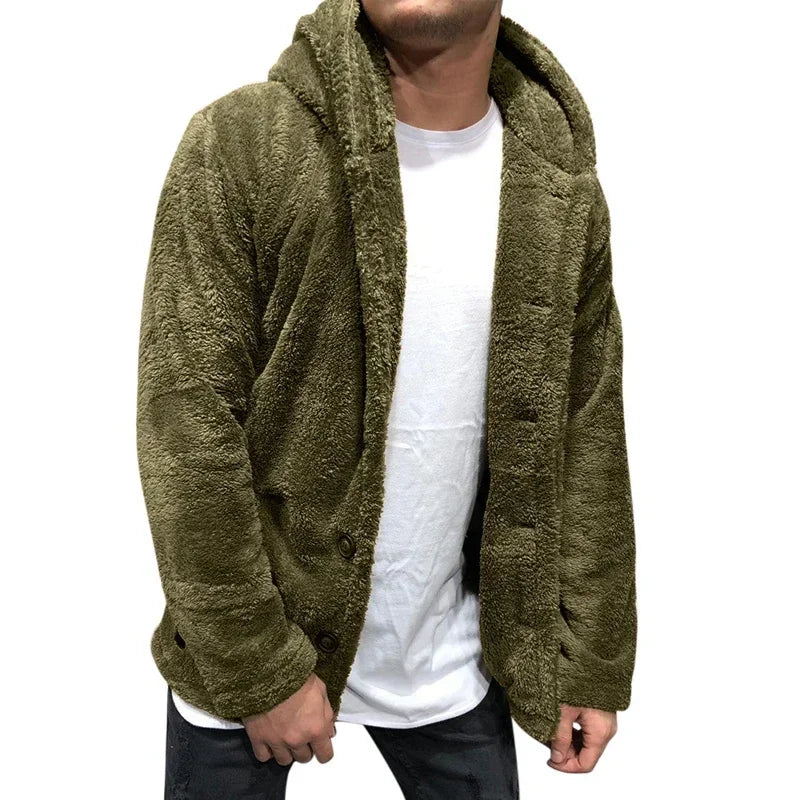 Men's Teddy Bear Fleece Coat Cardigan Winter Warm Hooded Coat Fashion Solid Color Long Sleeve Pocket Button Hooded Warm Coat