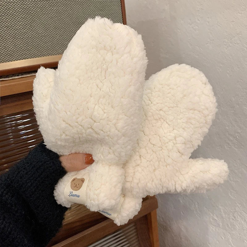 Kawaii Plush Warm Gloves Soft Winter Thick Fingerless Korean Japanese Bear Gloves With Ropes Casual Outdoor Riding Mittens Warm