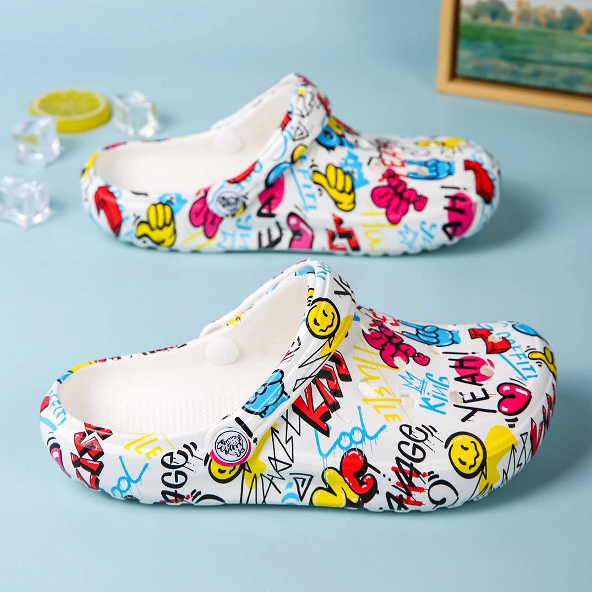 Women's Cartoon Stylish Print Garden Shoes, Lightweight Flat Two-way Wear Home Garden Clogs, Breathable Non-slip Beach Sandals