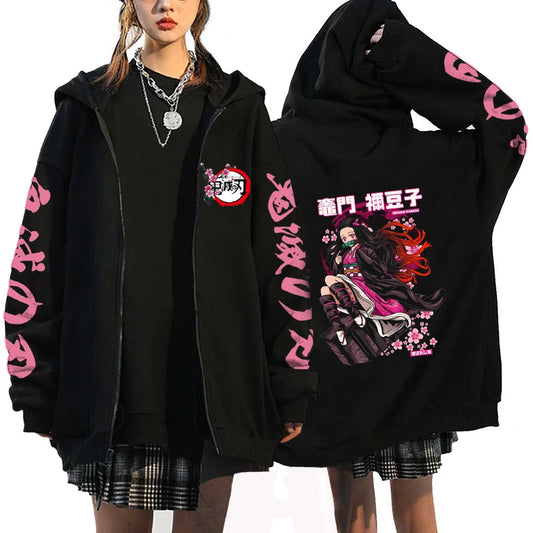 Demon Slayer Japan Anime Women Hoodies Kamado Nezuko Plus Size Autumn Zipper Jackets Pullover Hooded Girl Zip Up Sweatshirt