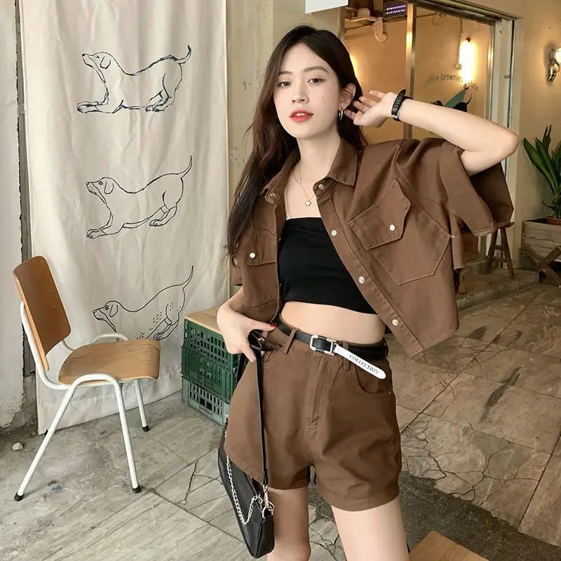 Retro Denim Fashion Set for Women's Summer 2024 New Korean Style Shorts with a Sense of Luxury and Age Reduction Two-piece Set