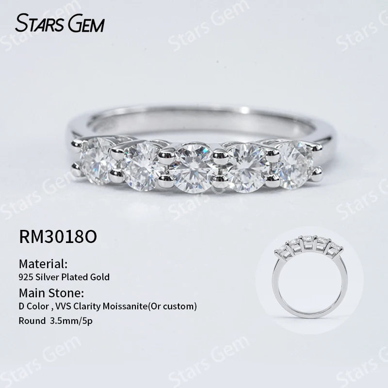 Starsgem S925 Sterling Silver Round Brilliant Cut Moissanite Five Stone Diamond Ring