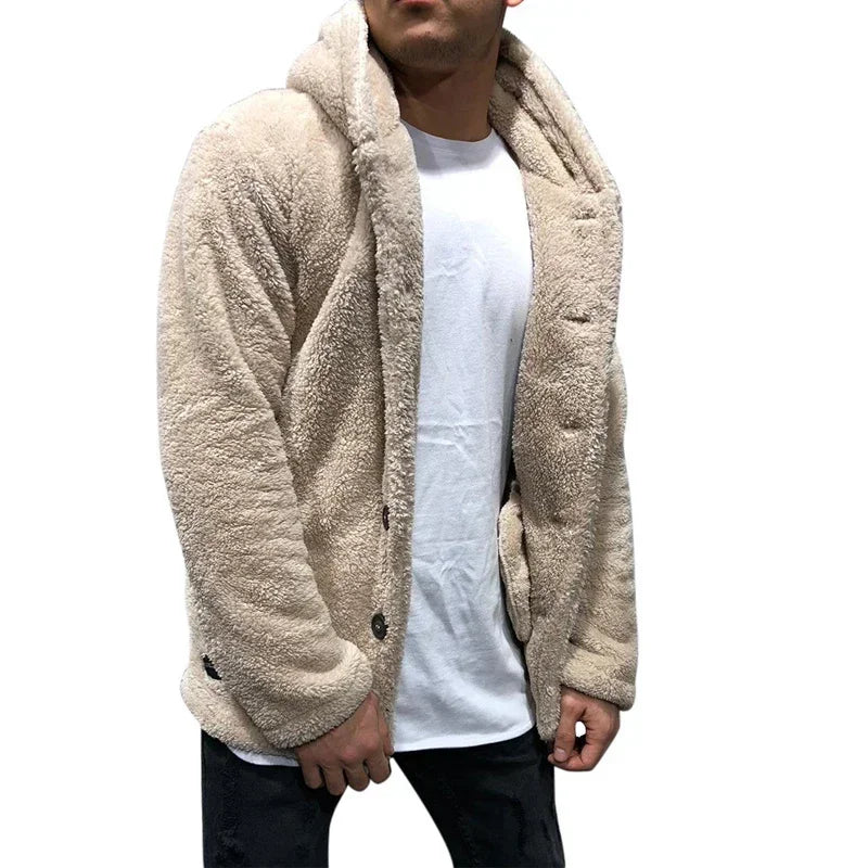 Men's Teddy Bear Fleece Coat Cardigan Winter Warm Hooded Coat Fashion Solid Color Long Sleeve Pocket Button Hooded Warm Coat