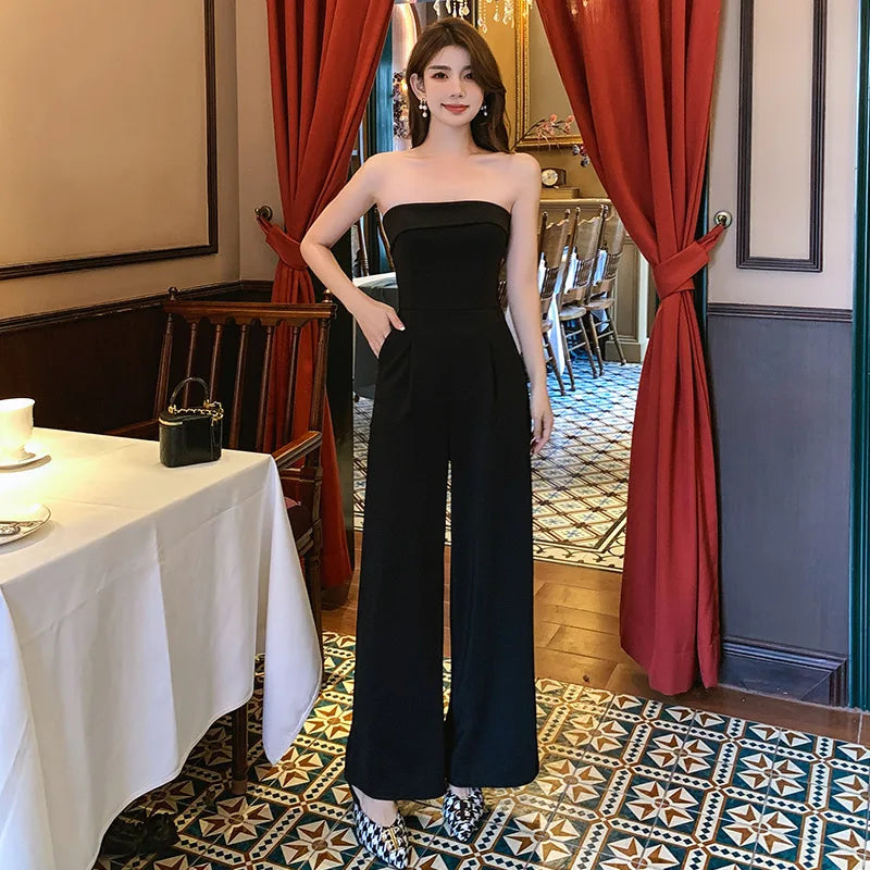 Casual Wide Leg Jumpsuit Long Pants Black 2023 New Female Evening Party Loose Elegant Sleeveless Jumpsuits