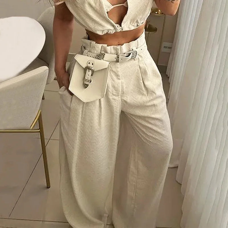 Pant Sets Women Solid Two Piece Set Sleeveless Turn Down Collar Solid Regular Short Tops Long Wide Leg Pants High Waist