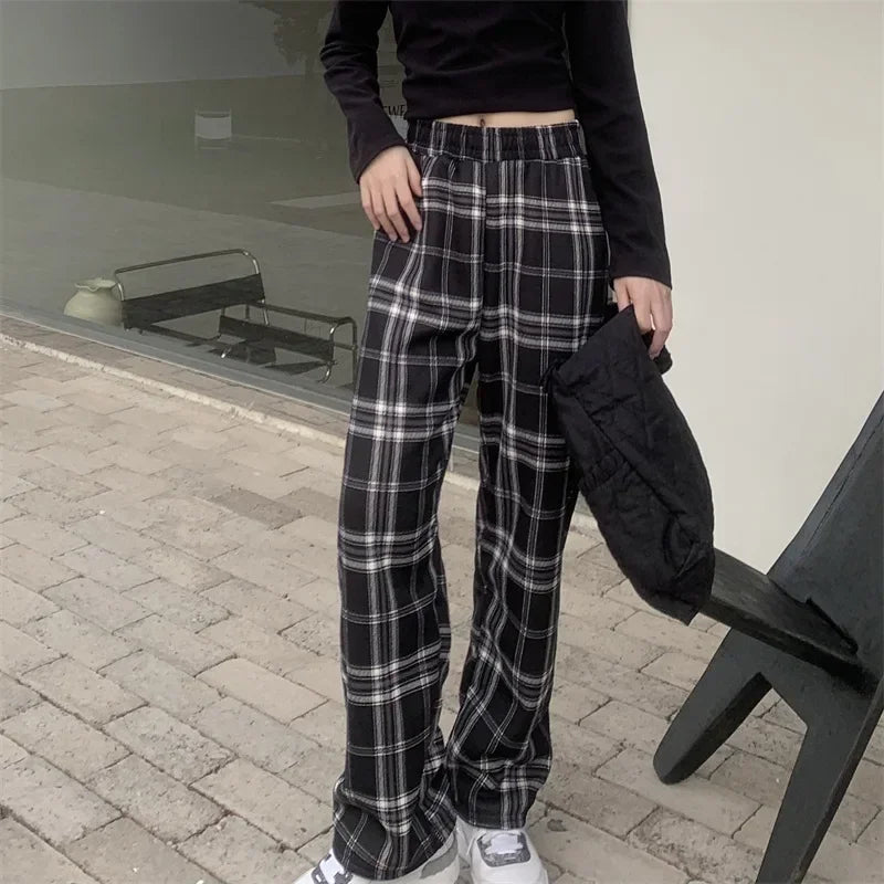 2025 Fashion Warm Plush Pants Cashmere Thick Plaid Ladies Winter Casual Loose Wide-legged Pants Korean Streetwear Students