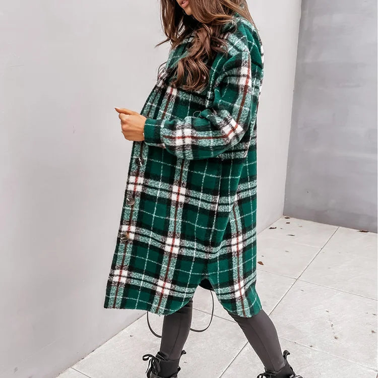 Women Plaid Printed Warm Jacket 2021 Autumn Winter New Fashion Casual Long Overcoat Pop Lapel Lady Single Breasted Shirt Coats