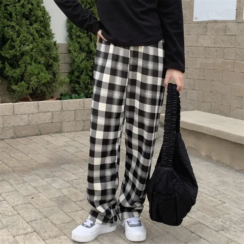 2025 Fashion Warm Plush Pants Cashmere Thick Plaid Ladies Winter Casual Loose Wide-legged Pants Korean Streetwear Students