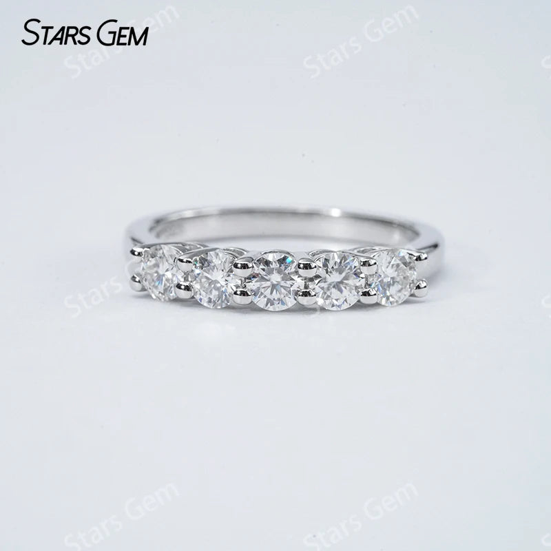 Starsgem S925 Sterling Silver Round Brilliant Cut Moissanite Five Stone Diamond Ring