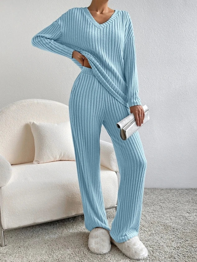 Casual Sets for Women 2 Pieces Autumn New Loungewear Loose V-Neck Long Sleeve Top and Pit Strip Knitted Straight Pants Suit