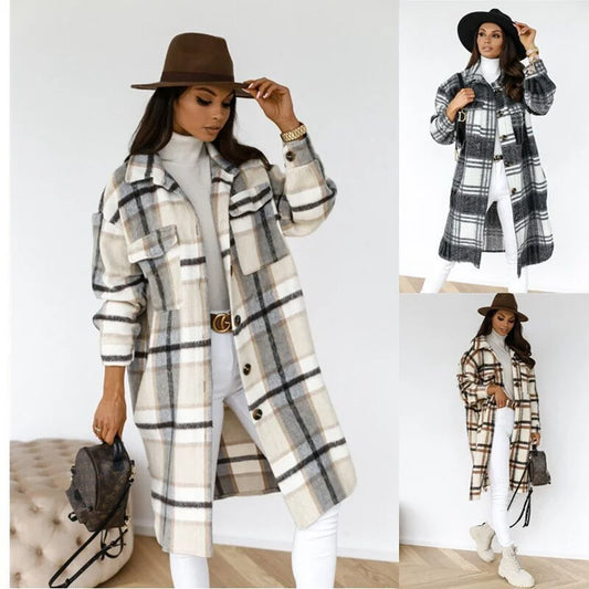 Women Plaid Printed Warm Jacket 2021 Autumn Winter New Fashion Casual Long Overcoat Pop Lapel Lady Single Breasted Shirt Coats