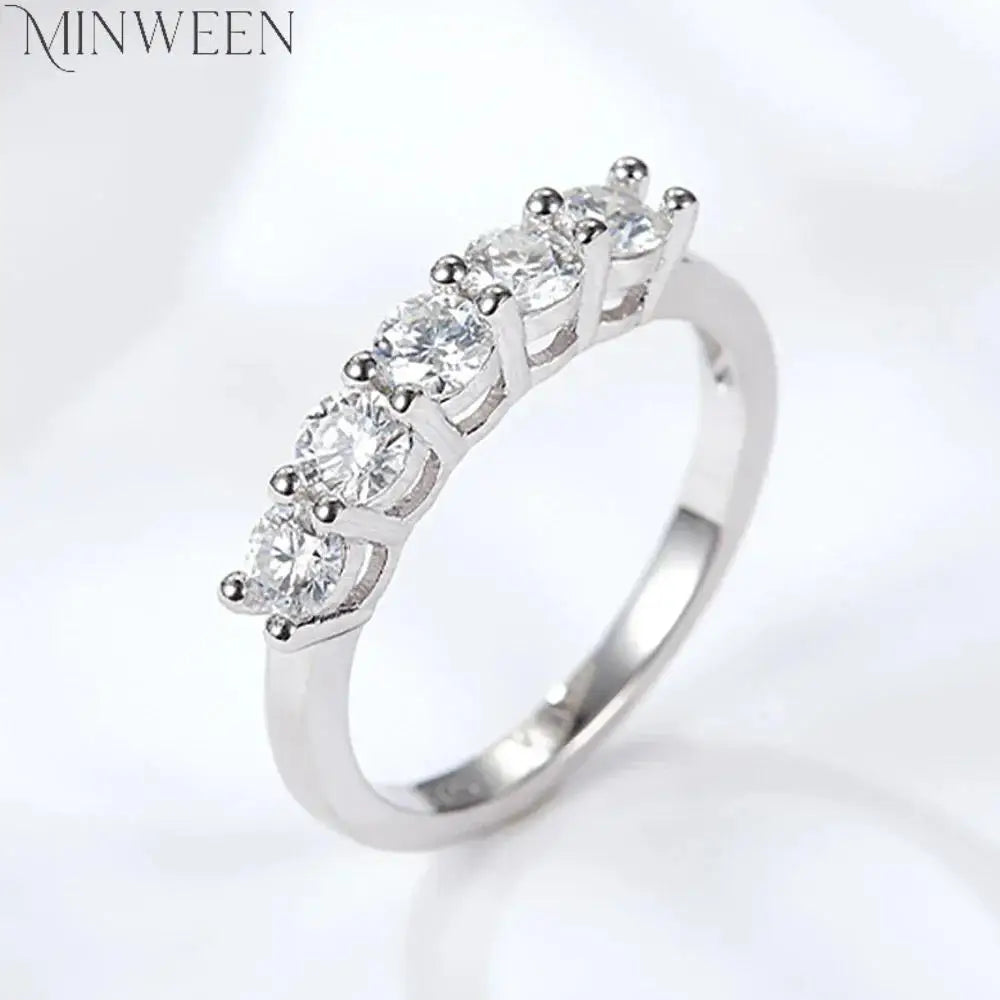 MINWEEN 5 Stones Real D Color 4mm Full Moissanite Row Rings For Women 100% S925 Sterling Silver Band Fine Jewelry Wholesale