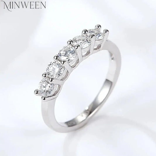 MINWEEN 5 Stones Real D Color 4mm Full Moissanite Row Rings For Women 100% S925 Sterling Silver Band Fine Jewelry Wholesale