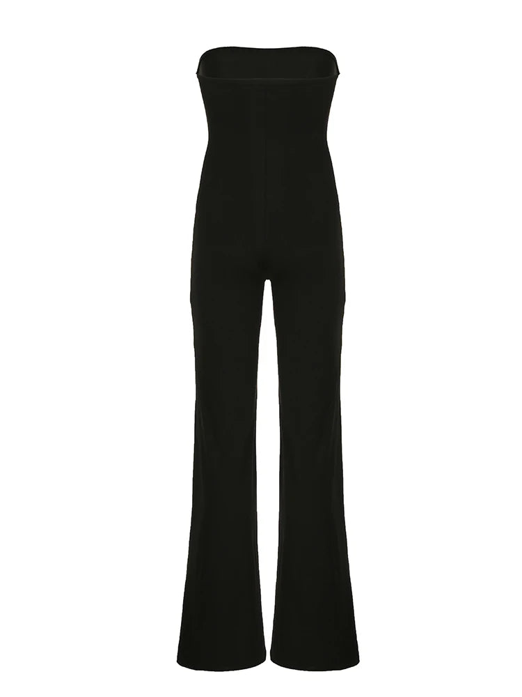 Sweetown Black Solid Strapless Elegant Long Jumpsuits For Women Slim Wide Leg Flared Rompers Simple Fashion Vacation Overalls