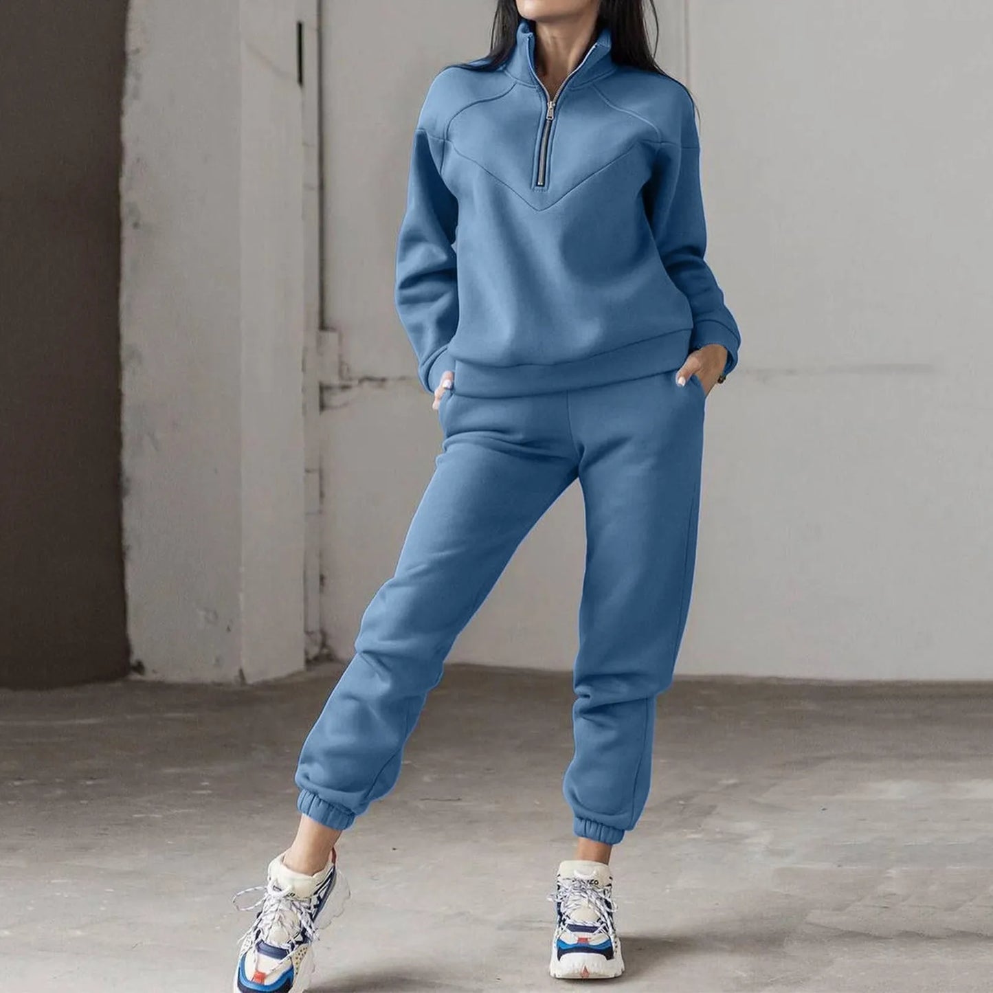 Autumn Winter Solid Color 2 Piece Sets Women Warm Tracksuit Zipper Top Pant Suits Sweatshirts Jogging Pant Outfits Sweatpants