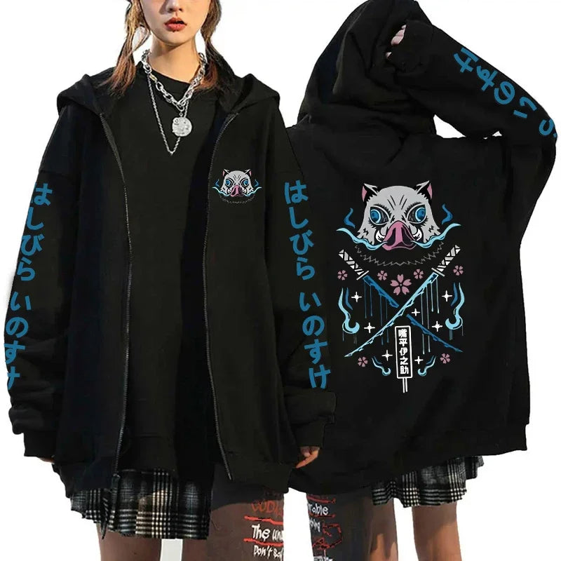 Hot Anime Hashibira Inosuke Printing Zipper Hoodies Women Men Fashion Y2k Personality Zipper Long Sleeve Hooded Sweatshirt Tops