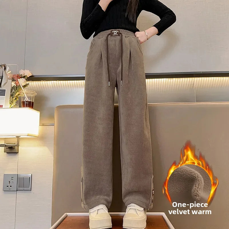 Girls Autumn/winter Fleece-lined Pants 2023 New Style Thickened Bell Bottoms Stylish Straight-leg Pants For Kids