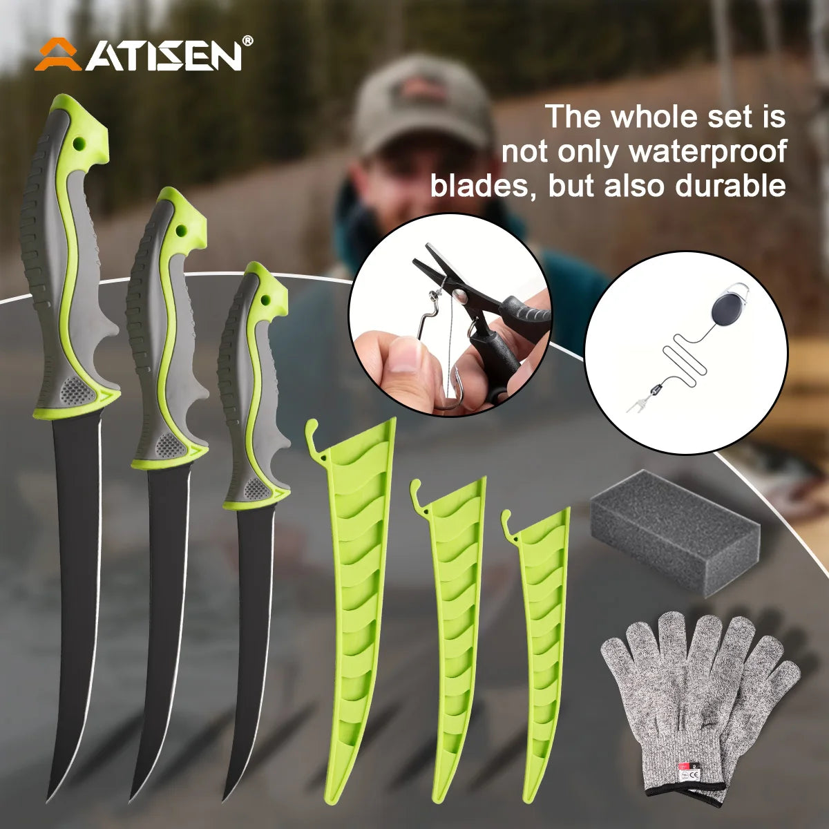 ATISEN 8PC Seahorse Styled Fishing Horn Knife Set, Fishing Tool with Protective Sheath Filleting Knife, Cut Resistant Gloves, Cleaning Sponge, Fishing Line Cutter and Stretch Cord Anti Loss Device, Perfect Gift for Men