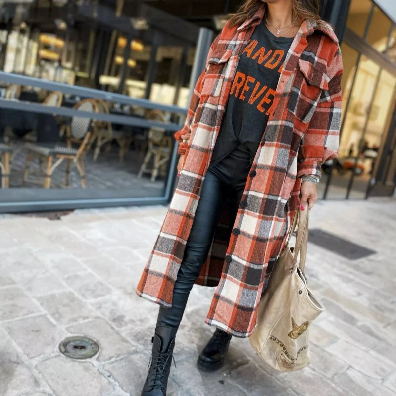 Women Coat Plaid Print Long Maxi Button Coats Long Sleeve Shacket Autumn Turn Down Collar Single Jacket Breasted Spring Jackets