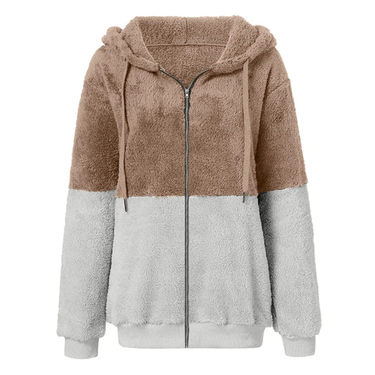 Women's Double Color Fleece Jacket Long Sleeved Hooded Plush Coat Winter Thick Warm Zipper Outcoat Fashion Streetwear