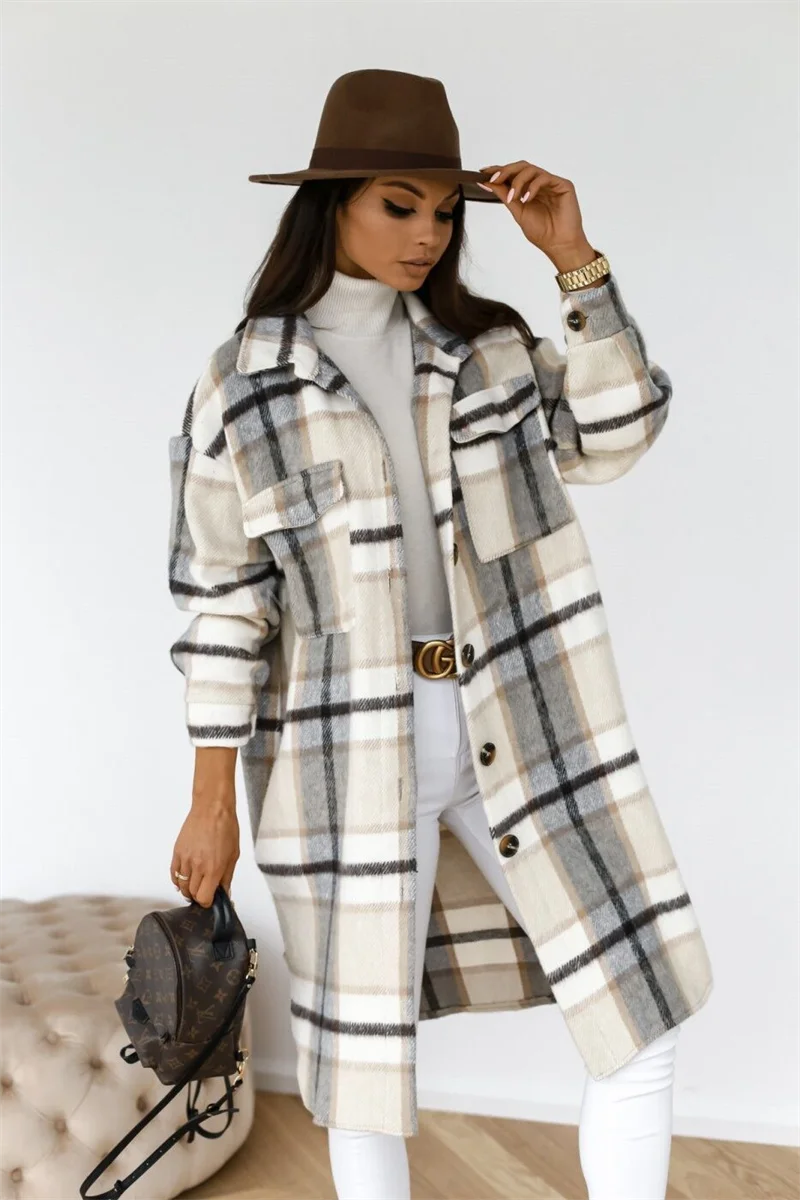 Women Plaid Printed Warm Jacket 2021 Autumn Winter New Fashion Casual Long Overcoat Pop Lapel Lady Single Breasted Shirt Coats