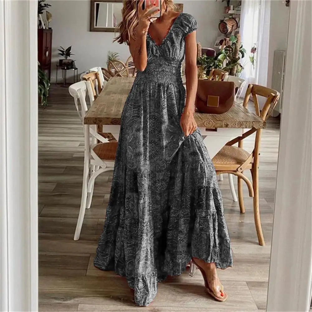 Women Vintage Long Dresses 2023 Summer Floral Print Bohemian Beach Sundress Female Casual V Neck Big Swing Maxi Dresses Vestidos