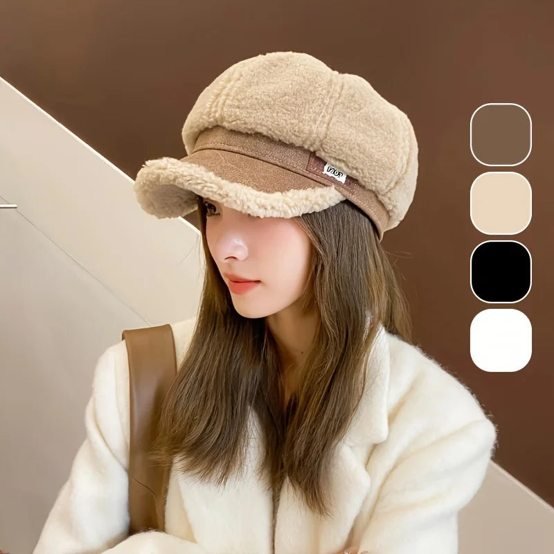 New Lamb Hair Octagonal Hat for Women's Korean Fashion Duck Tongue Hat with Plush Bud Hat, Fashionable British Retro Artist Hat