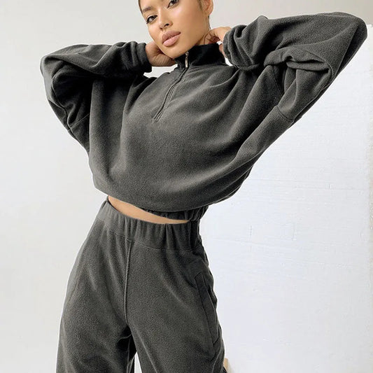 Women Velvet Tracksuit Zipper Collar Sweatshirt Outfit Sweatsuit Set Warm Long Sleeves And Pants 2 Piece Set Harem Trouser Suits