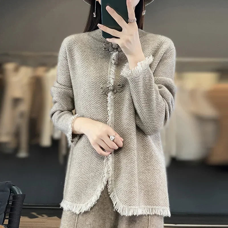 Tailor Sheep Pure Merino Wool Knitted Women's Cardigan Standing Neck Sweater Autumn and Winter Long Sleeved Coat