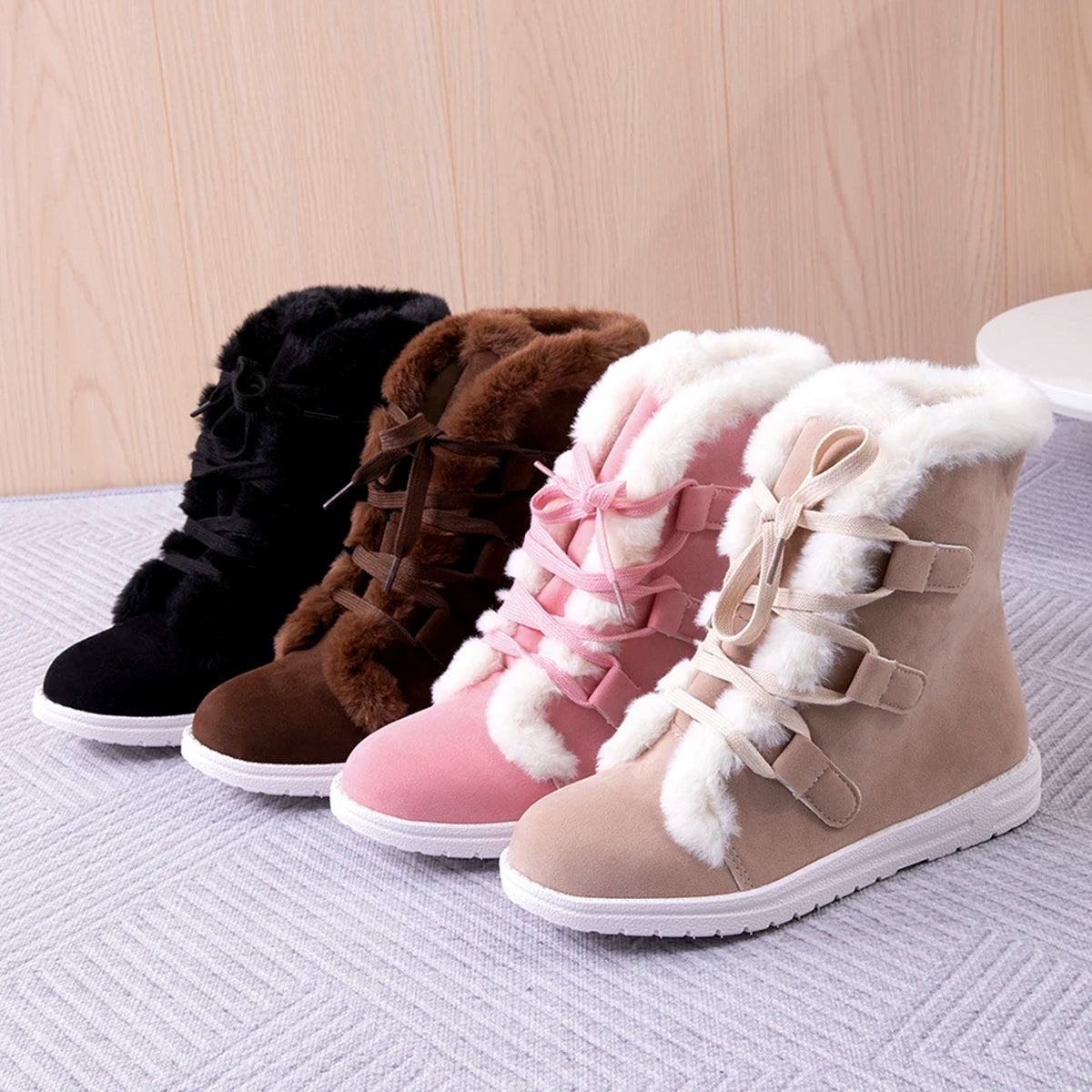 Snow Boots Women's Shoes Short Boot Winter Wedges Luxury Elegant Woman Lolita Furry Sneakers Pink Cute Comfortable Flat on Offer