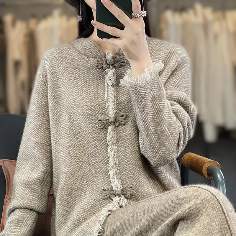 Tailor Sheep Pure Merino Wool Knitted Women's Cardigan Standing Neck Sweater Autumn and Winter Long Sleeved Coat