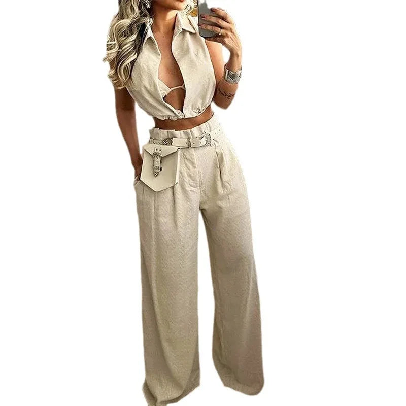 Pant Sets Women Solid Two Piece Set Sleeveless Turn Down Collar Solid Regular Short Tops Long Wide Leg Pants High Waist