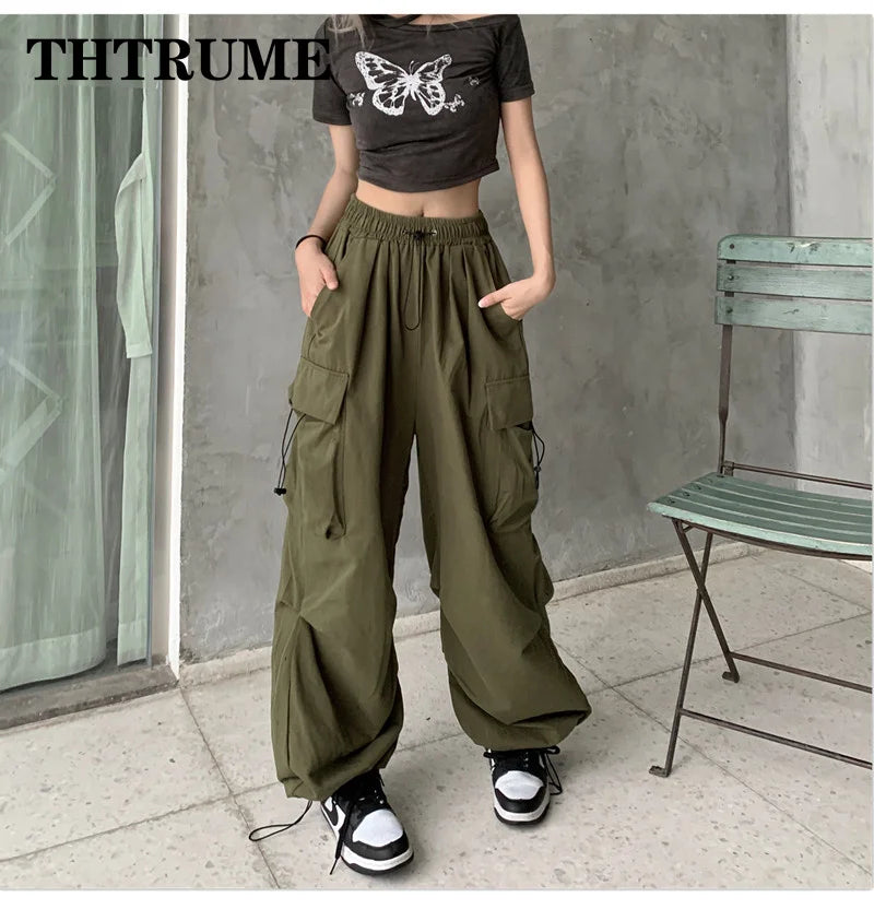 Women Fashion Baggy Cargo Pants Summer Oversized Vintage Y2K Hip Hop Elastic High Waist Pant Casual Office Lady Loose Trousers