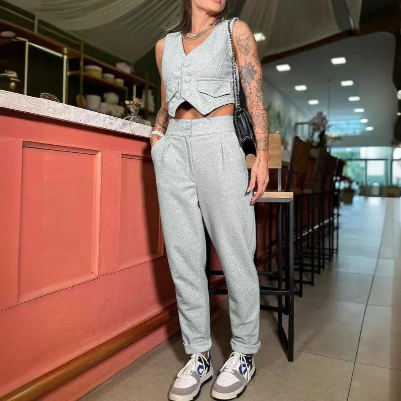 2024 Women Elegant Solid Color Short Navel Shirt High Waist Trousers Two-piece Suit