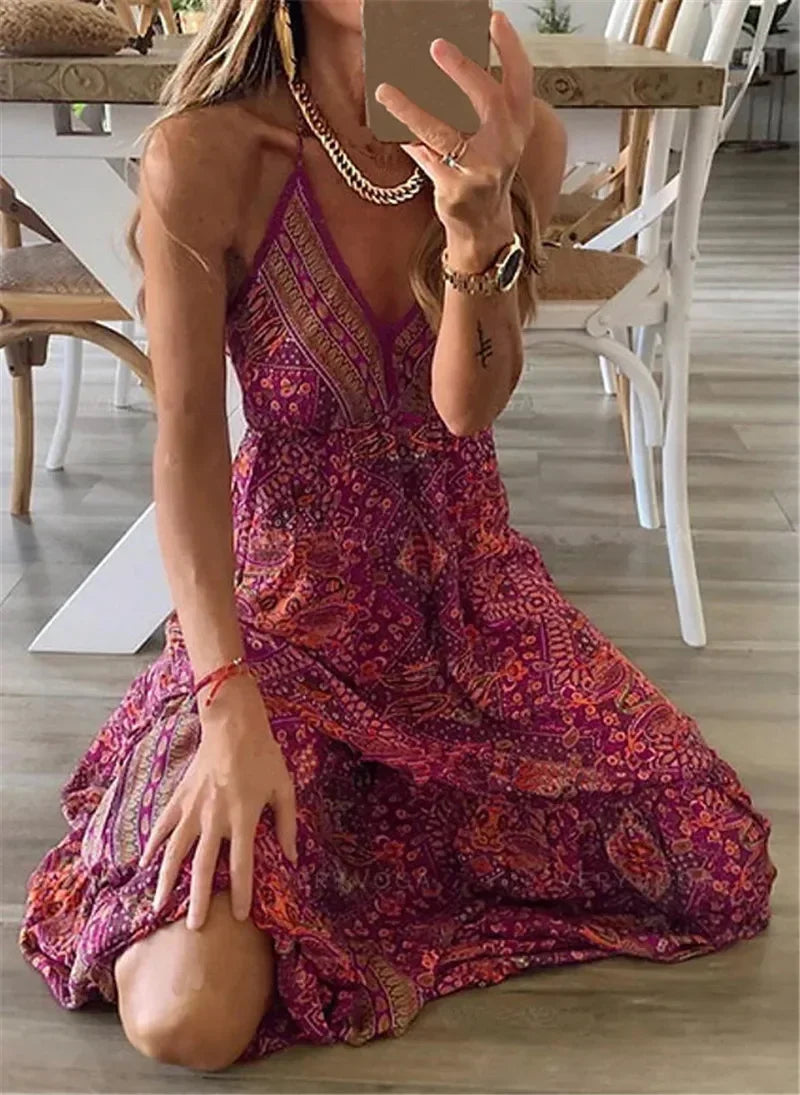 Bohemian Dress Women's Long Sexy Printed Sleeveless A-line Slip Dresses Female 2024 Spring Elegant Fashion Beach Ladies Clothes