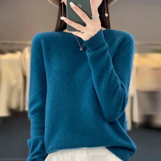 Women 100% Pure Merino Wool Knitted Sweater Autumn Winter Fashion O-Neck Pullover Seamless Jumper Tops Cashmere Warm Clothes