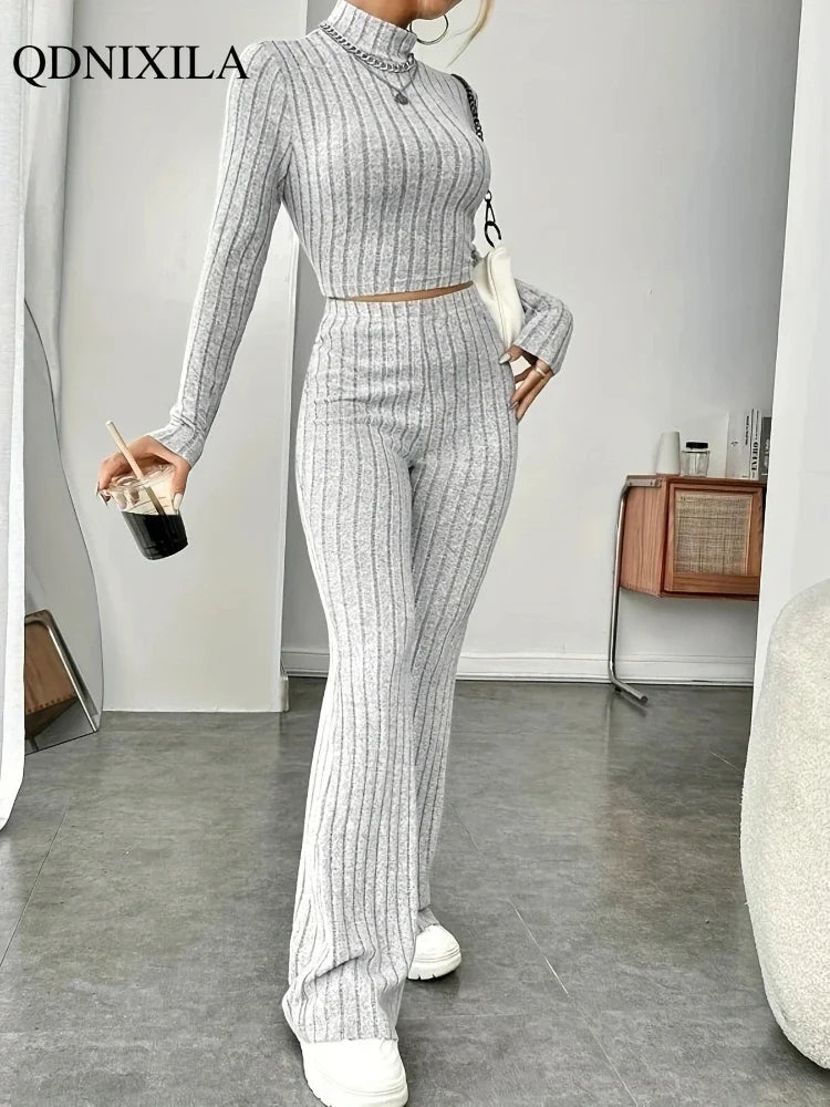 Elegant Women's Sets 2024 Autumn Hight Waist Casual Knit Pants Sets Korean Fashion Turtleneck Pullover 2 Piece Sets Women Outfit