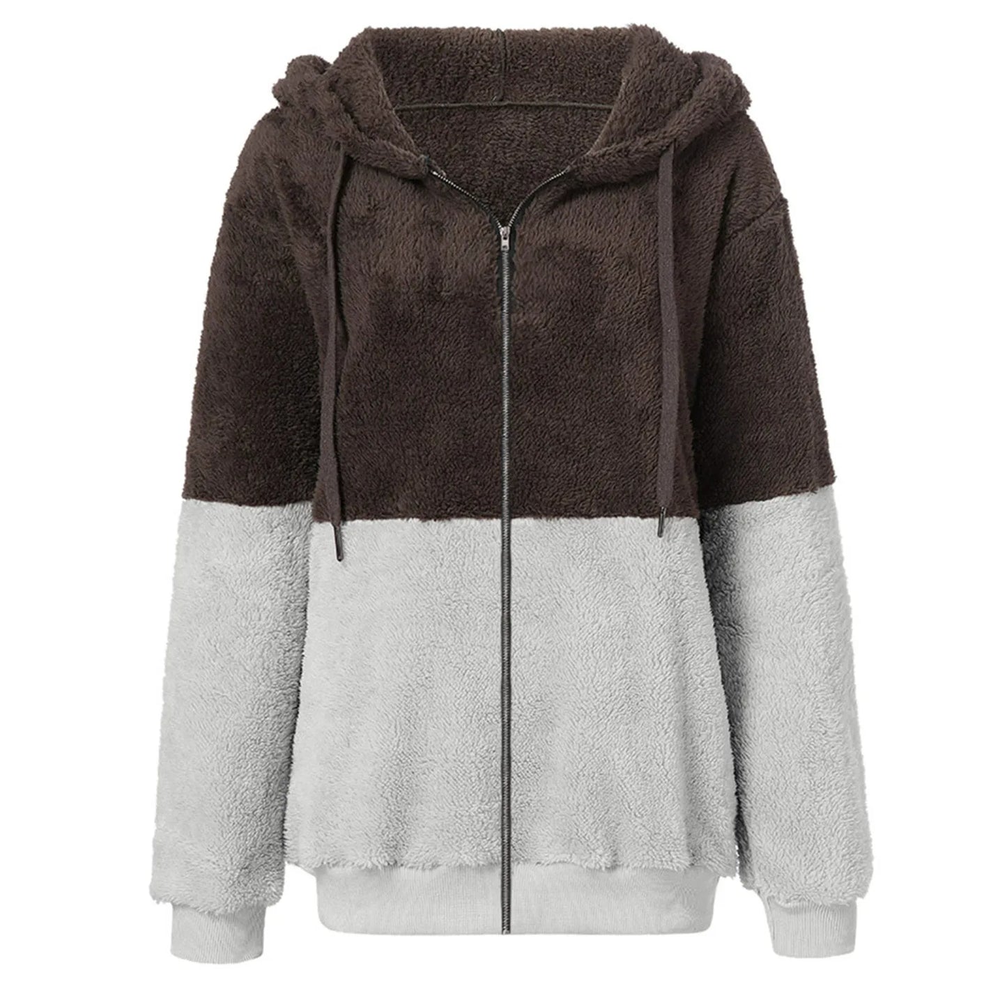 Women's Double Color Fleece Jacket Long Sleeved Hooded Plush Coat Winter Thick Warm Zipper Outcoat Fashion Streetwear