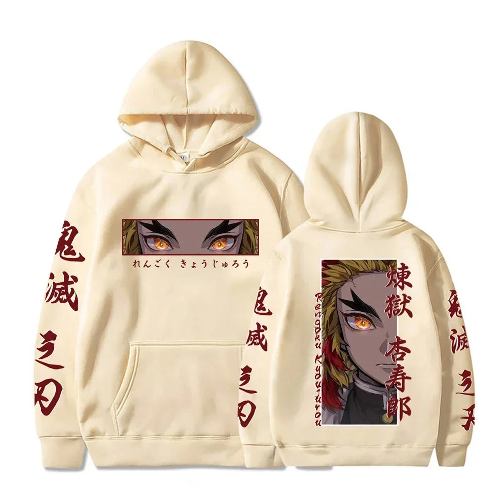 Hot Anime  Demon Slayer Hooded Rengoku Kyoujurou Eyes Graphic Print Autumn Winter Men Women Casual Sweatshirt Plus Size Hoodie