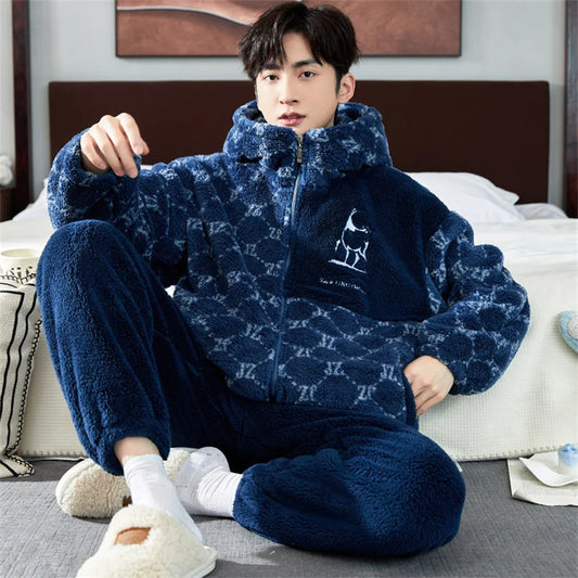 Men's Winter Pajamas Warm Sleepwear Home Suit Coral Fleece Autumn Plush Thicken Zipper Homewear Hooded Pajamas Sets Home Clothes